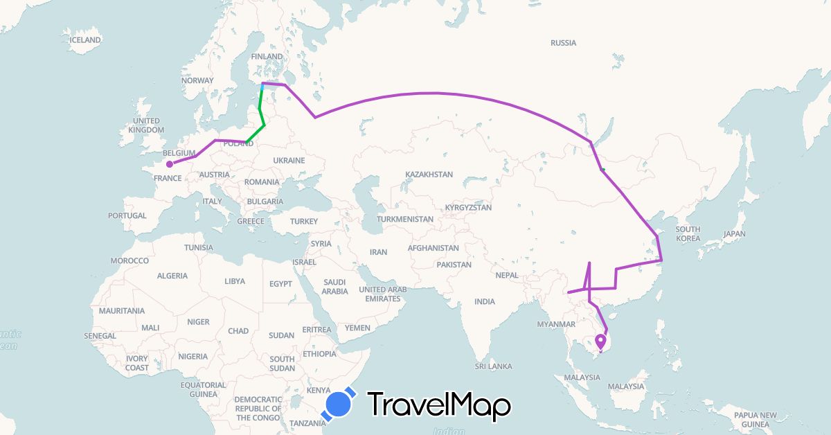 TravelMap itinerary: bus, train, boat in China, Germany, Estonia, Finland, France, Lithuania, Latvia, Mongolia, Poland, Russia, Vietnam (Asia, Europe)
